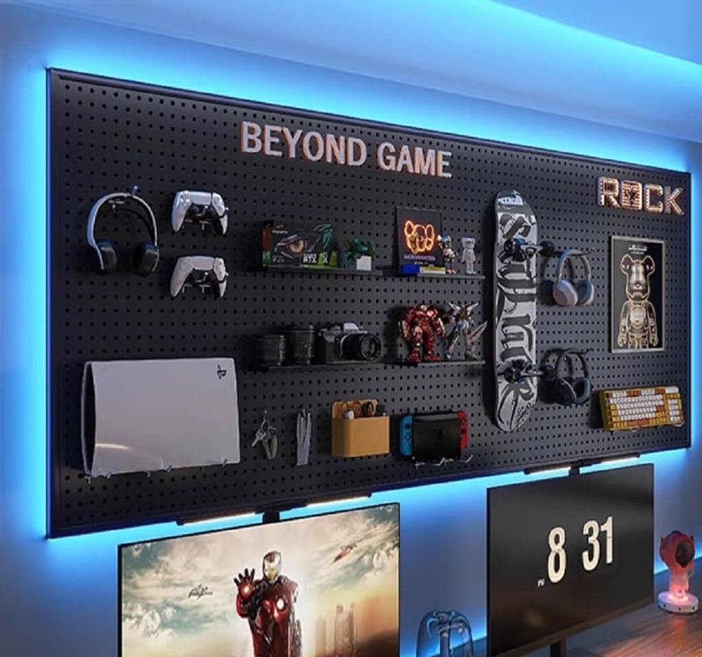 RGB Gaming Pegboard Wall Organizer with Metal Panels and Hooks, 12x24 Setup