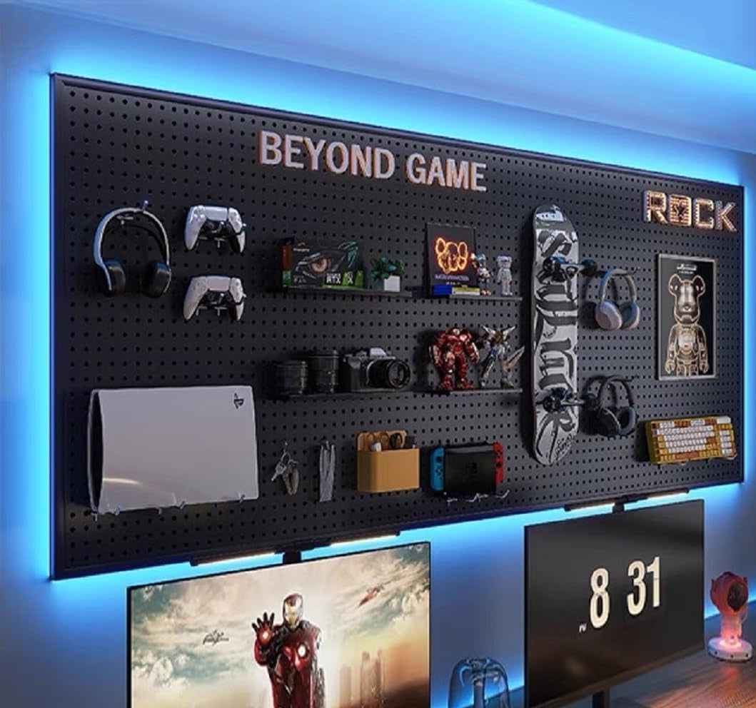 RGB Gaming Pegboard Wall Organizer with Metal Panels and Hooks, 12x24 Setup
